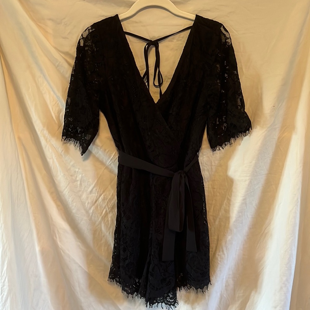 Black lace V neck romper